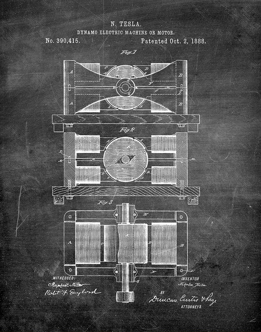 An image of a(n) Dynamo Machine Tesla 1888 - Patent Art Print - Chalkboard.