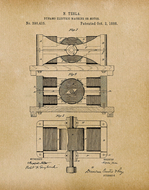 An image of a(n) Dynamo Machine Tesla 1888 - Patent Art Print - Parchment.