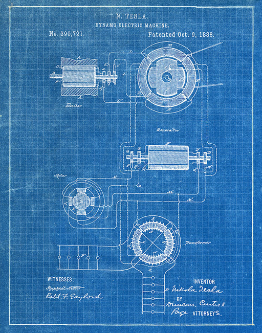 An image of a(n) Dynamo Machine 2 Tesla 1888 - Patent Art Print - Blueprint.