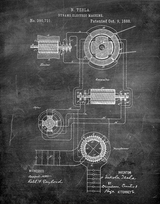 An image of a(n) Dynamo Machine 2 Tesla 1888 - Patent Art Print - Chalkboard.