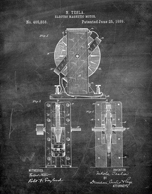 An image of a(n) Electro Magnetic Motor 1 Tesla 1889 - Patent Art Print - Chalkboard.