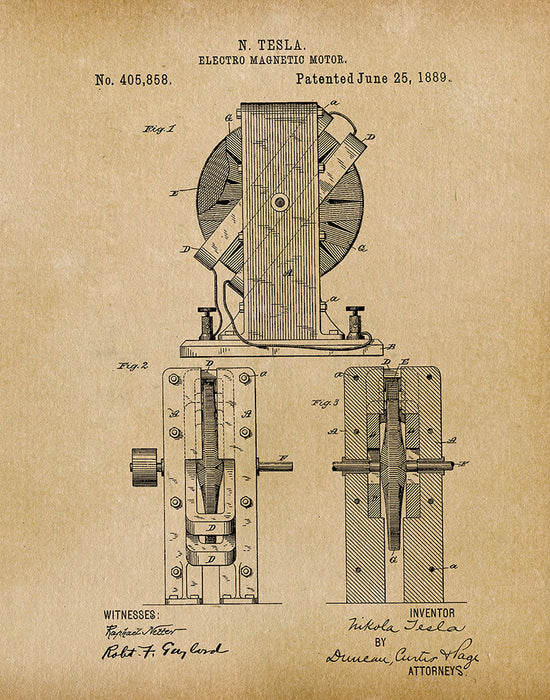 An image of a(n) Electro Magnetic Motor 1 Tesla 1889 - Patent Art Print - Parchment.