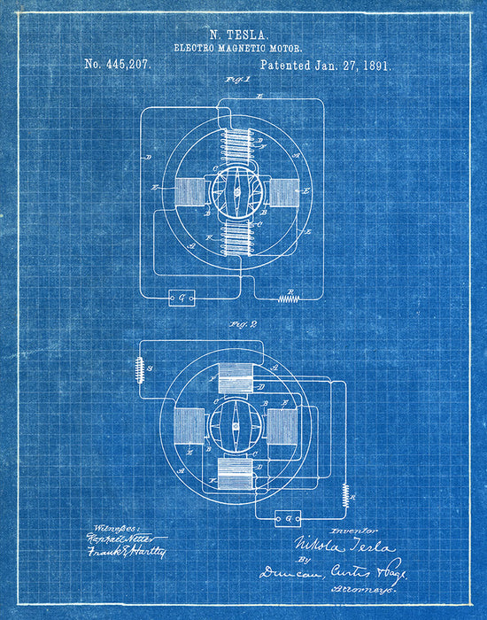 An image of a(n) Electro Magnetic Motor 3 Tesla 1891 - Patent Art Print - Blueprint.