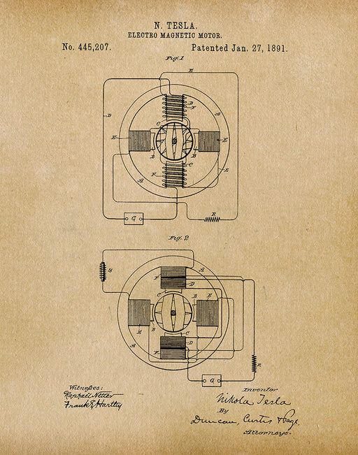 An image of a(n) Electro Magnetic Motor 3 Tesla 1891 - Patent Art Print - Parchment.