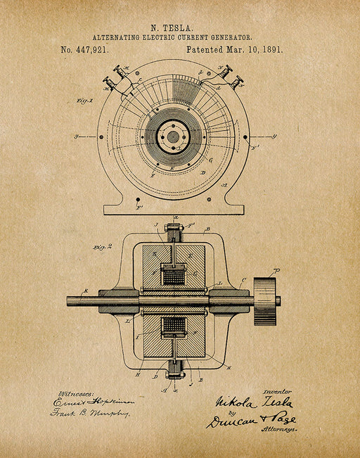 An image of a(n) Generator Tesla 1891 - Patent Art Print - Parchment.