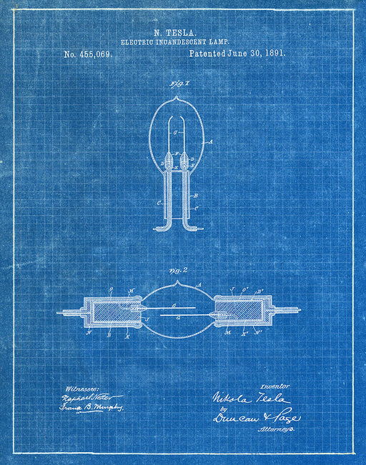 An image of a(n) Incandescent Lamp 1891 - Patent Art Print - Blueprint.