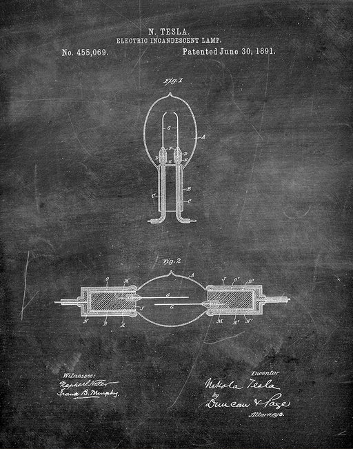 An image of a(n) Incandescent Lamp 1891 - Patent Art Print - Chalkboard.
