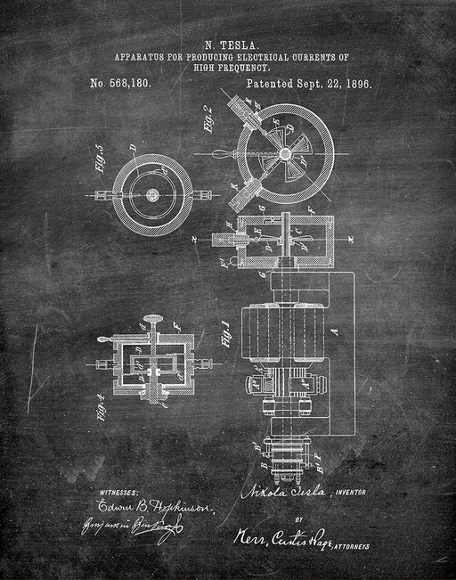 An image of a(n) Tesla Apparatus 1896 - Patent Art Print - Chalkboard.
