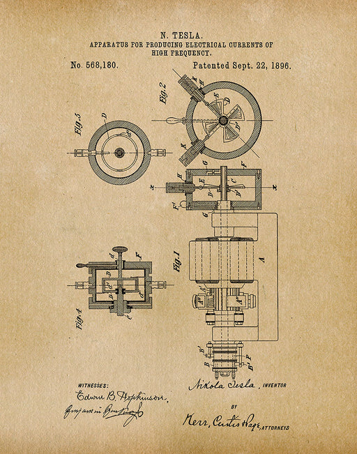 An image of a(n) Tesla Apparatus 1896 - Patent Art Print - Parchment.