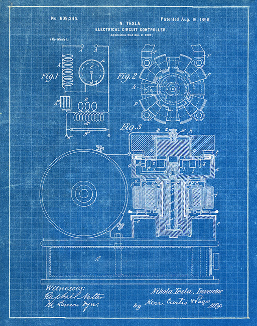An image of a(n) Tesla Circuit Controller 1896 - Patent Art Print - Blueprint.