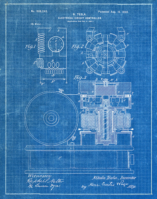 An image of a(n) Tesla Circuit Controller 1896 - Patent Art Print - Blueprint.