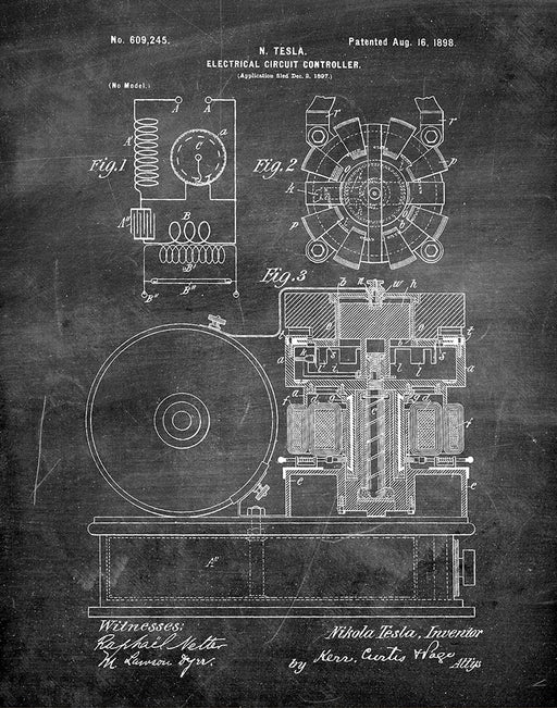 An image of a(n) Tesla Circuit Controller 1896 - Patent Art Print - Chalkboard.