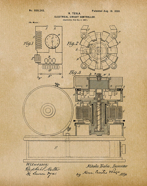 An image of a(n) Tesla Circuit Controller 1896 - Patent Art Print - Parchment.