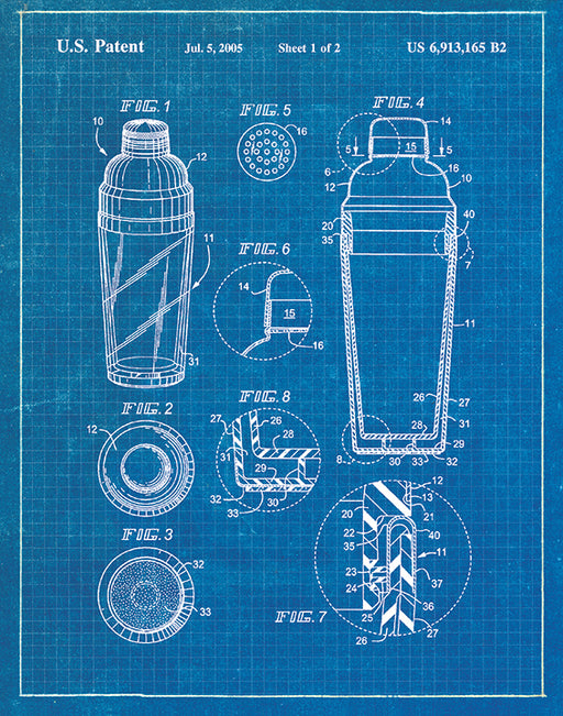 An image of a(n) Cocktail Shaker Patent Art Print Blueprint.