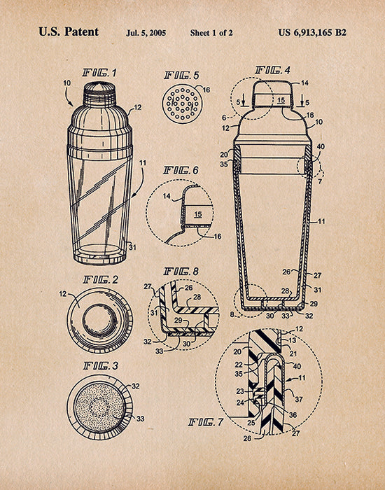 An image of a(n) Cocktail Shaker Patent Art Print Parchment.