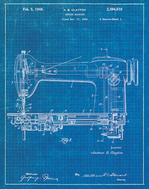 An image of a(n) Sewing Machine Patent Art Print Blueprint.