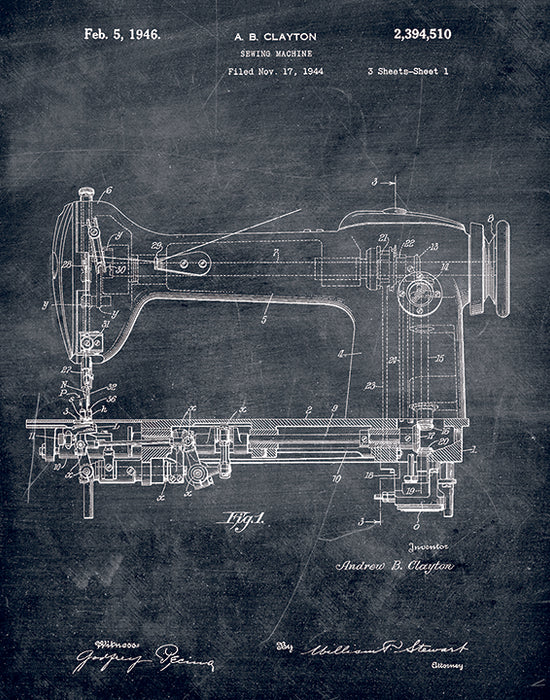 An image of a(n) Sewing Machine Patent Art Print Chalkboard.