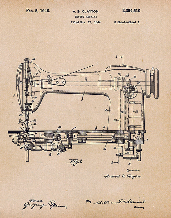 An image of a(n) Sewing Machine Patent Art Print Parchment.
