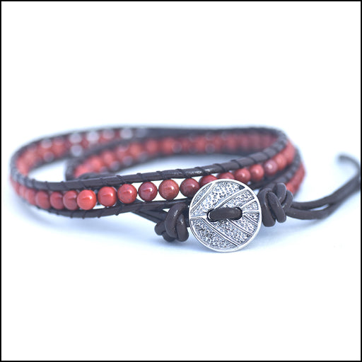 An image of a(n) Red Jasper - Semi Precious Stones and Leather Wrap Bracelet.