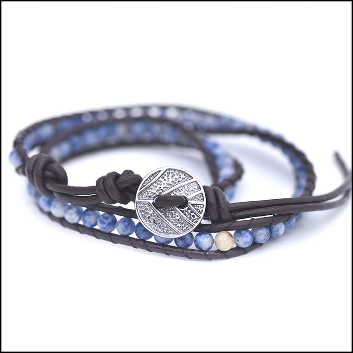 An image of a(n) Dumortierite - Semi Precious Stones and Leather Wrap Bracelet.