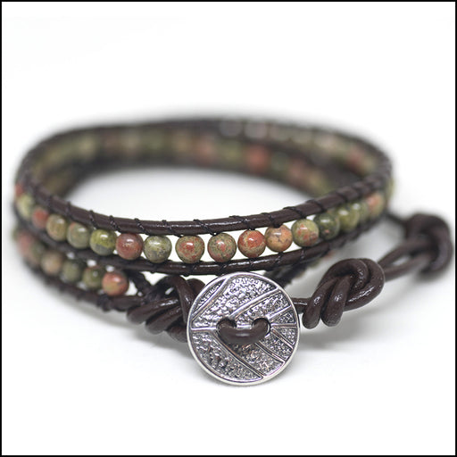 An image of a(n) Ukanite - Semi Precious Stones and Leather Wrap Bracelet.