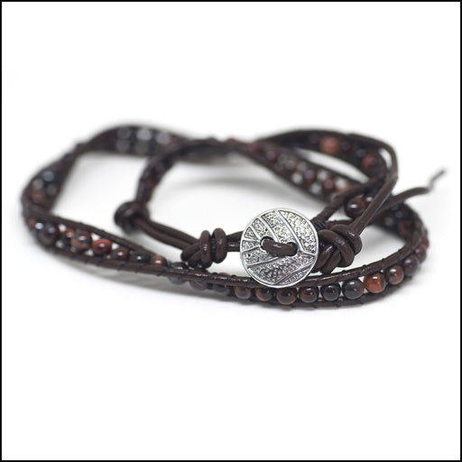 An image of a(n) Red Tigers Eye - Semi Precious Stones and Leather Wrap Bracelet.
