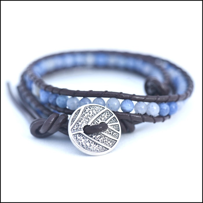 An image of a(n) Blue Adventurine - Semi Precious Stones and Leather Wrap Bracelet.