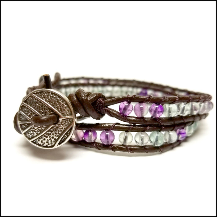 An image of a(n) Fluorite - Semi Precious Stones and Leather Wrap Bracelet.