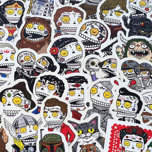 An image of numerous Day of the Dead Stickers.