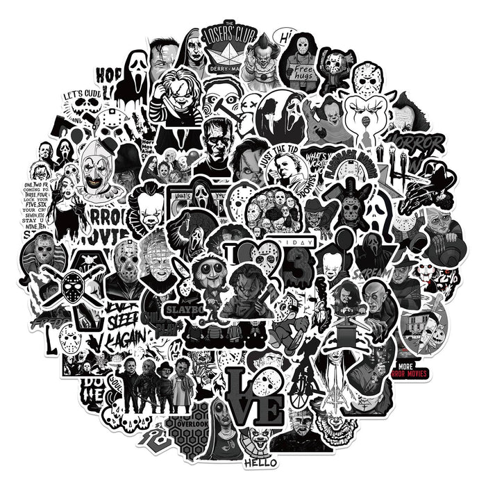 100 Horror Movie Stickers Black and White (PVC Vinyl Matte)